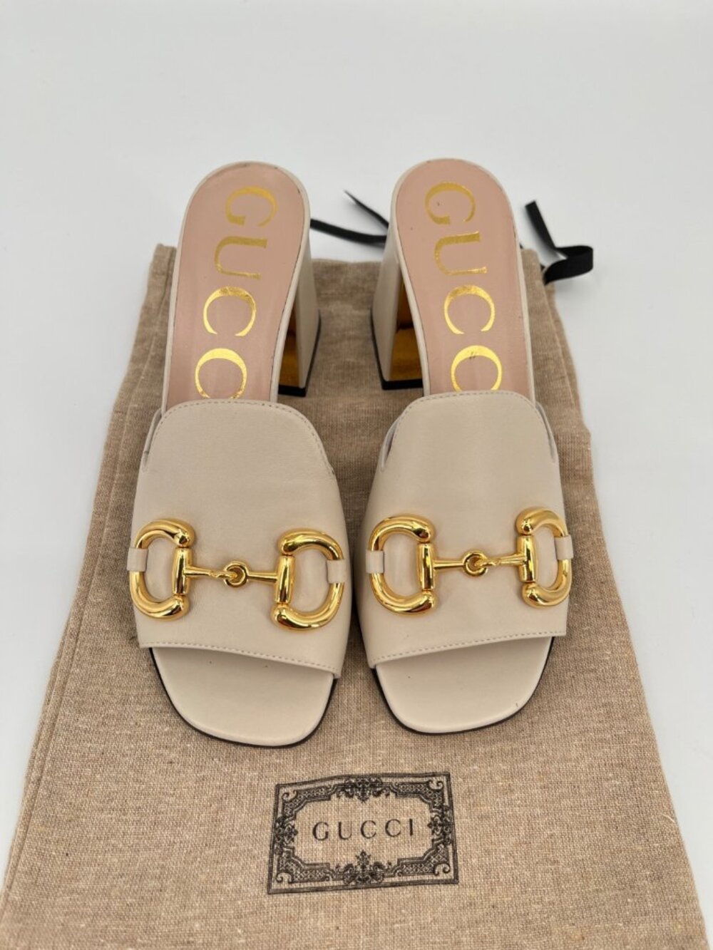 Gucci Baby Horsebit Slide Sandals White Size 36 Nappa Leather Block Heel Mule